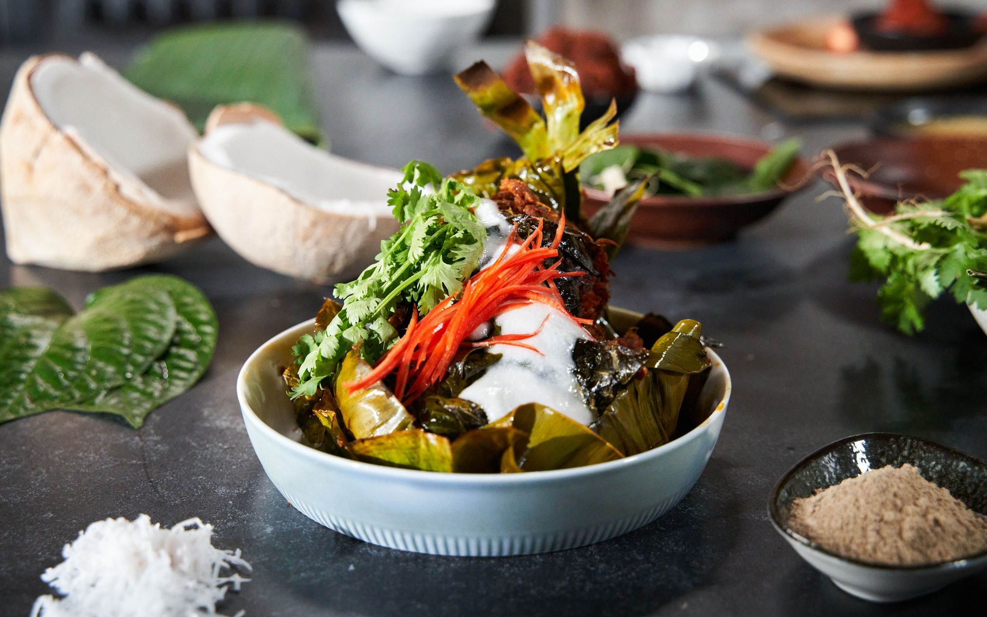 Thai dish with coconut milk and chili, served in a bowl.